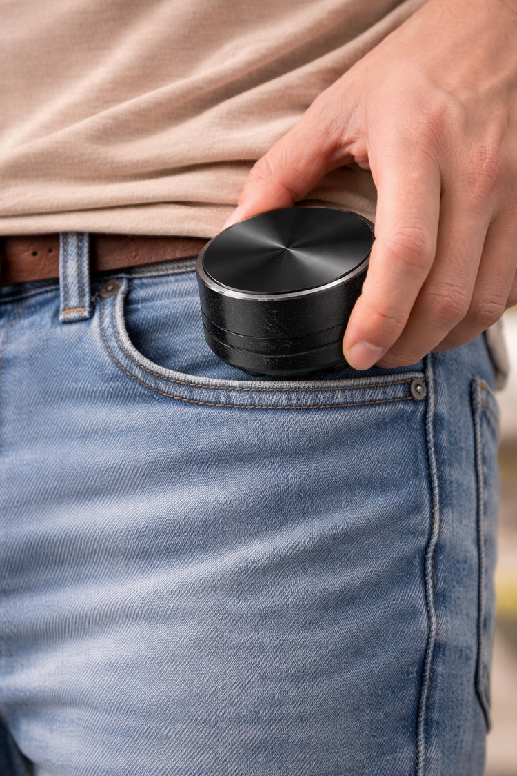 A person holding a Mini Speaker while taking it out of their pocket, showcasing its portability.