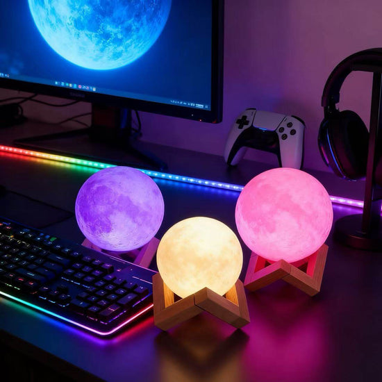 Rechargeable Moon Night Light with Touch Control on a desk with a colorful LED setup.