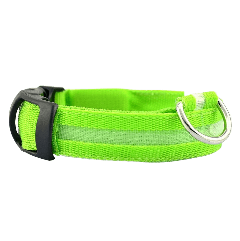 New LED Dog Collar in bright green color with reflective stripes and metal D-ring for leash attachment.
