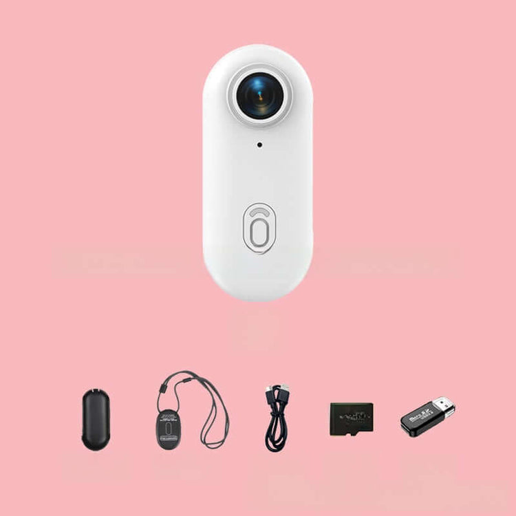 4K Thumb Camera – Ultra Compact with accessories on a pink background, showcasing its sleek design and features.