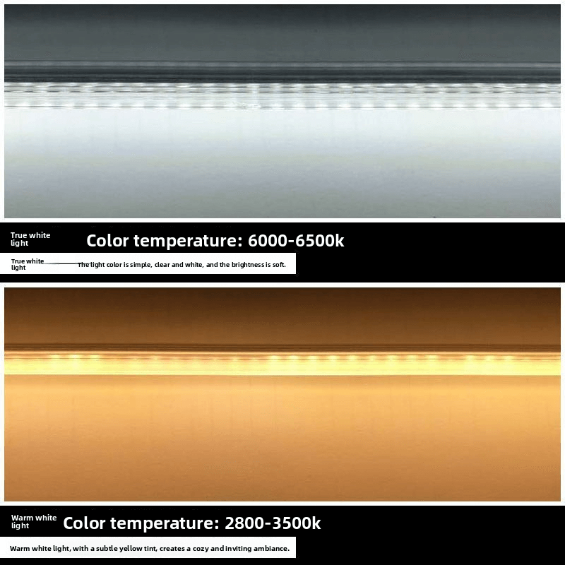 Comparison of LED Light Strip color temperatures: true white light 6000-6500k and warm white light 2800-3500k.