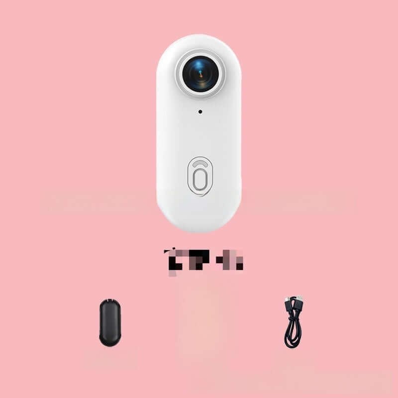 4K Thumb Camera – Ultra Compact shown with accessories on pink background.