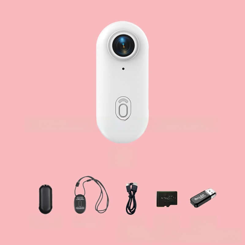 4K Thumb Camera – Ultra Compact with accessories on a pink background, designed for capturing life&