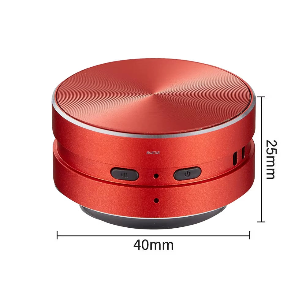 Red Mini Speaker with compact design, measuring 40mm in diameter and 25mm in height, highlighting portability and audio quality.