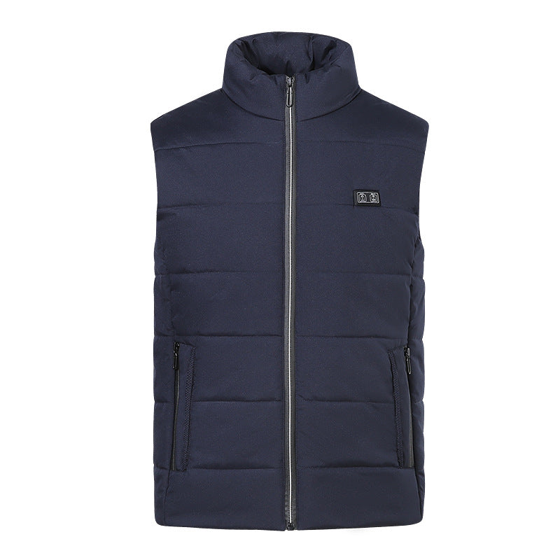 Smart Heating Vest in navy color with front zipper and side pockets for warmth and comfort.