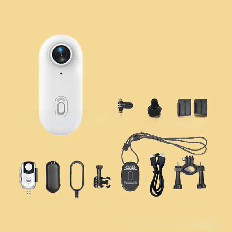 4K Thumb Camera – Ultra Compact with accessories including mounts and cables on a yellow background.