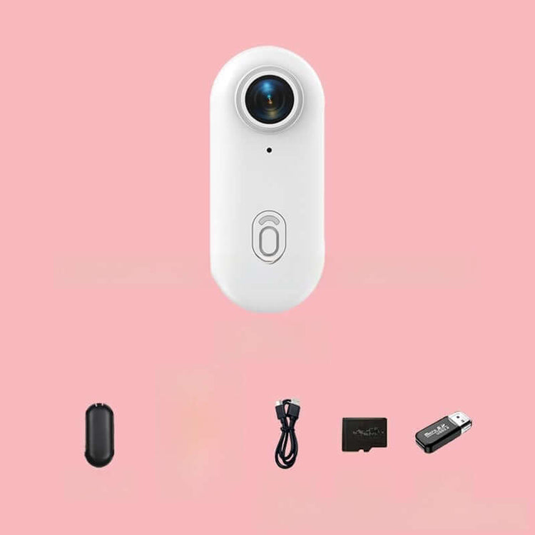4K Thumb Camera – Ultra Compact with accessories on pink background