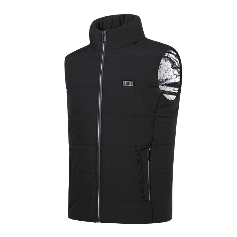 Smart Heating Vest in black with a high collar and zipper, designed for warmth and comfort in cold environments.