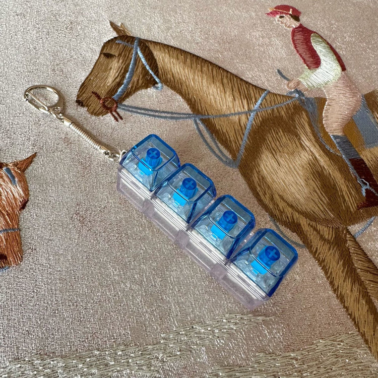 Clickie Keychain organized with blue containers on a decorative horse-patterned background.
