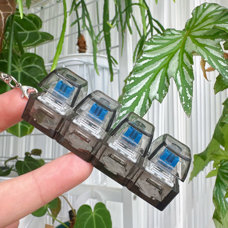 Clickie Keychain holding 4 pronged key compartments in a stylish design among greenery.