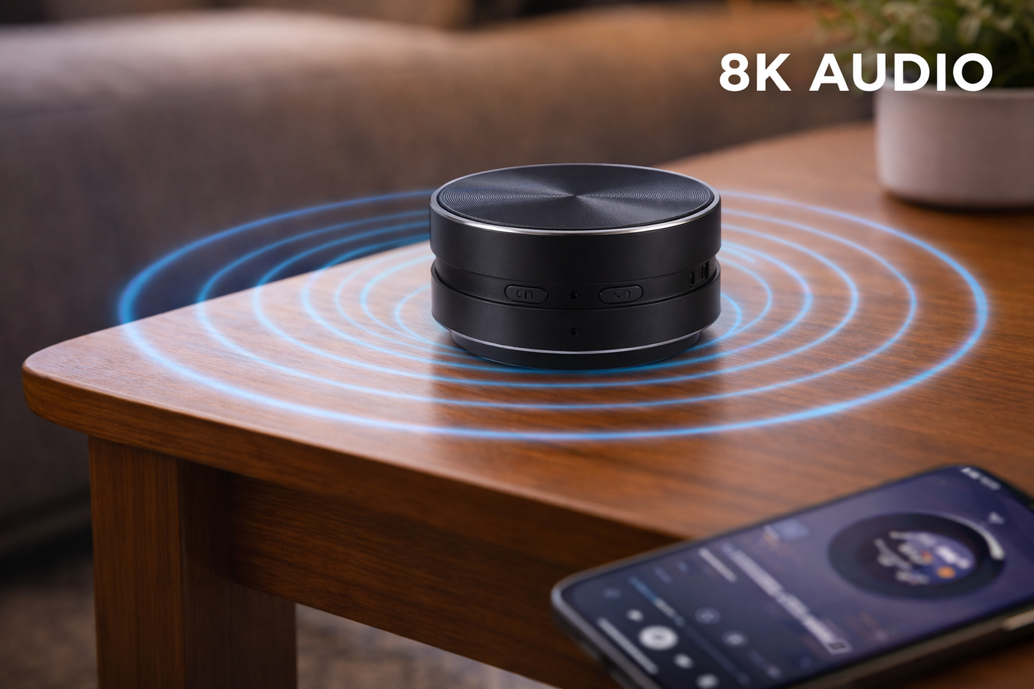 Mini Speaker on a table with 8K audio waves, showcasing portability and clear sound.