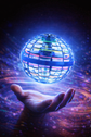 Flying Ball hovering above a hand, illuminated with vibrant blue and colorful lights, showcasing its mesmerizing design.