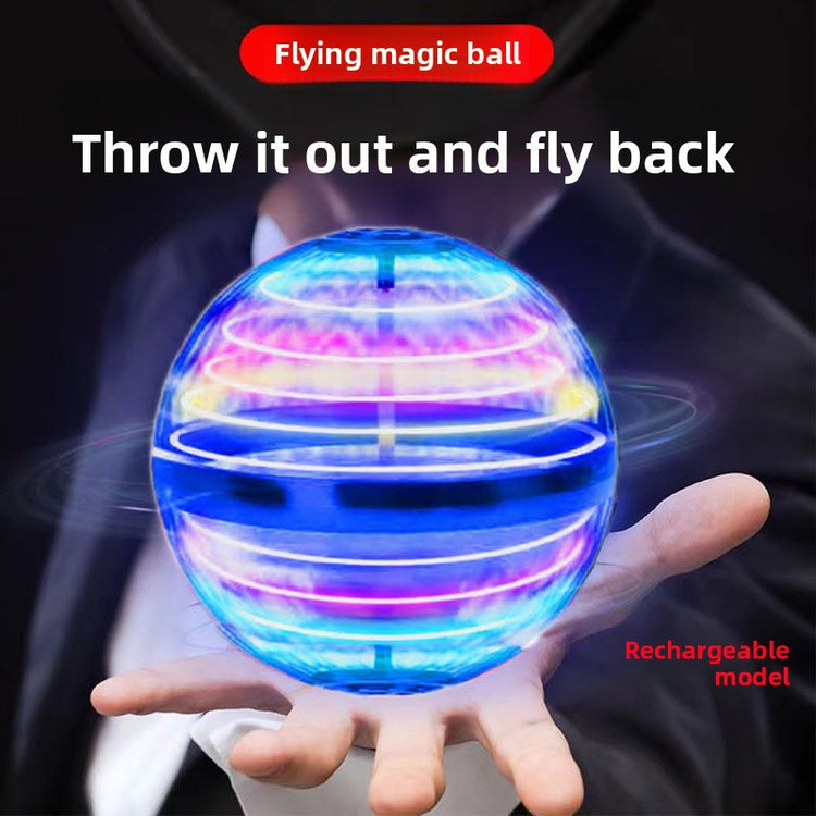 Flying Ball in hand, showcasing a colorful flying magic ball that can be thrown and flown back, rechargeable model.