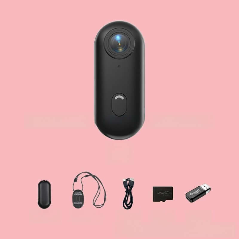 4K Thumb Camera – Ultra Compact with accessories on a pink background.