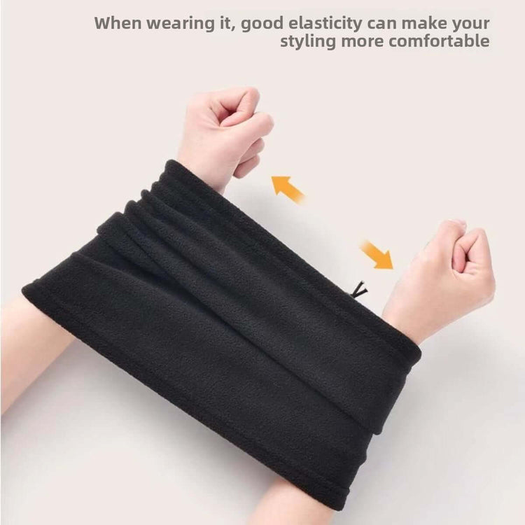 Fleece Scarf Mask demonstrating good elasticity for comfortable styling while worn.