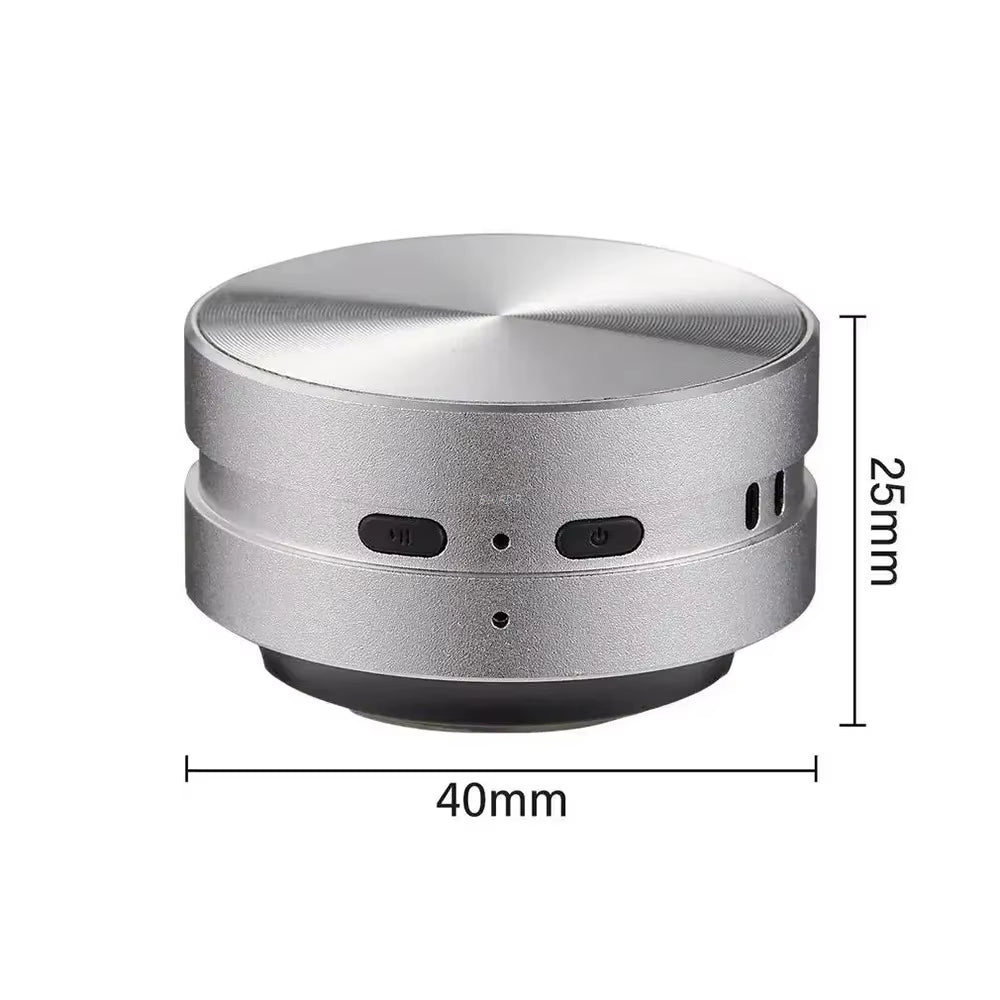 Mini Speaker in silver color showcasing a compact design, measuring 40mm in diameter and 25mm in height.