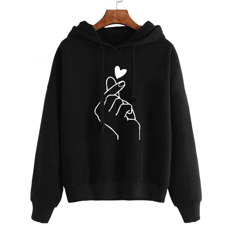 Fleece Hoodie with heart print design and stylish hand gesture in black, perfect for trendy casual wear.
