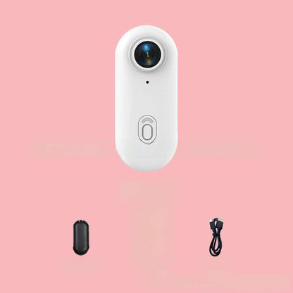 4K Thumb Camera – Ultra Compact in white with accessories on a pink background