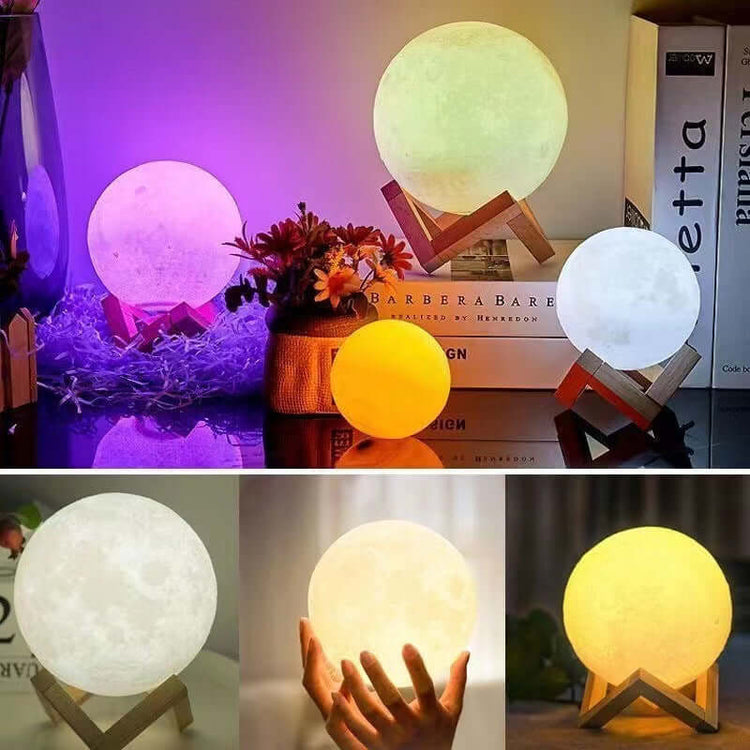 Rechargeable Moon Night Light with Touch Control in various colors and sizes on display.
