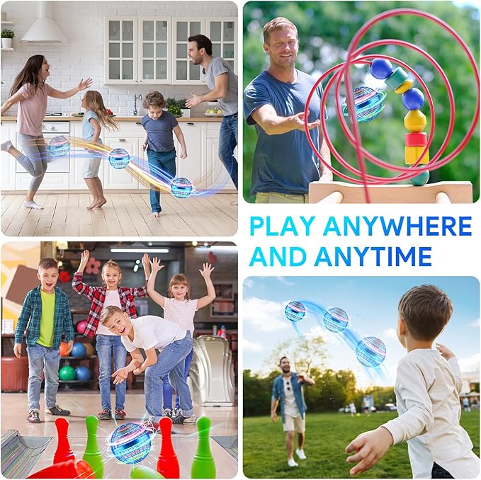 Family playing with a Flying Ball indoors and outdoors, suitable for all ages to enjoy anywhere.